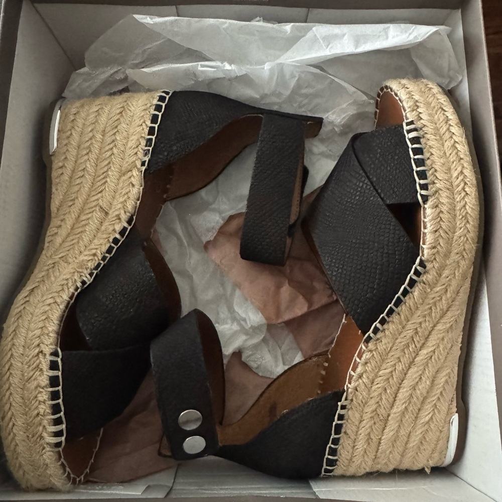 Franco Sarto Black and Tan Espadrille Wedges with Peep-Toe
